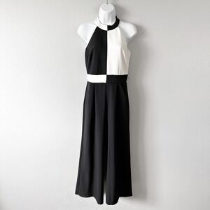 Tahari‎ ASL Black White Colorblock Halter Crop Wide Leg Jumpsuit Women's Size 2